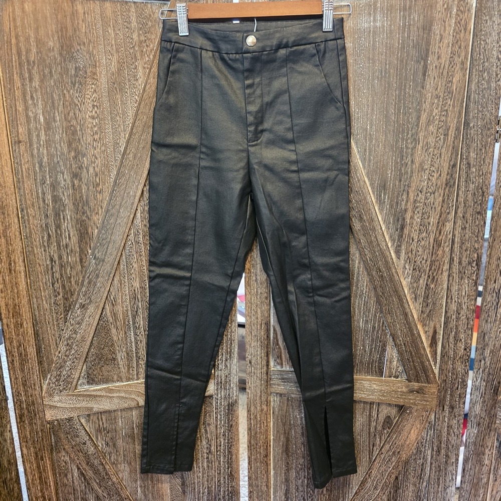 Princess Polly Pants Women's Size 2 Black Pleather Skinny Leg Slits Pockets